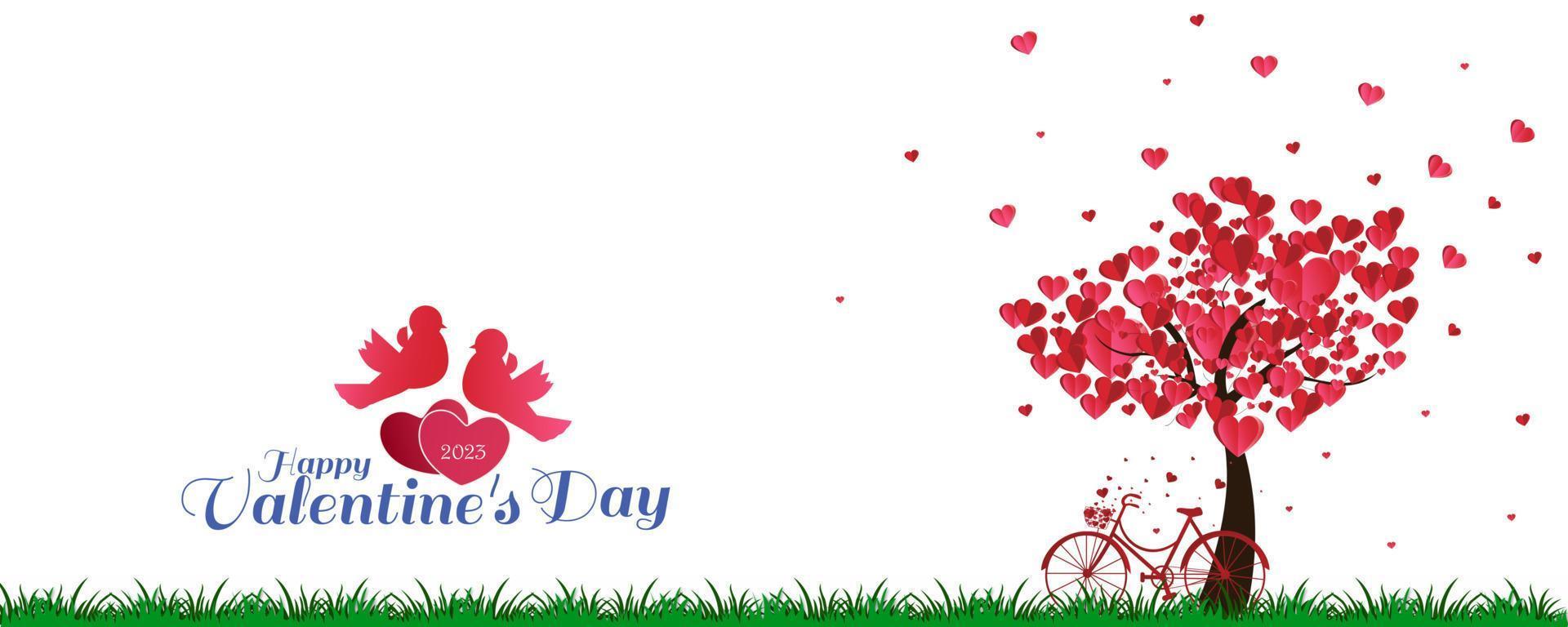 Happy Valentine's Day background with a heart shaped trees and a bicycle with love birds. Vector Illustration.