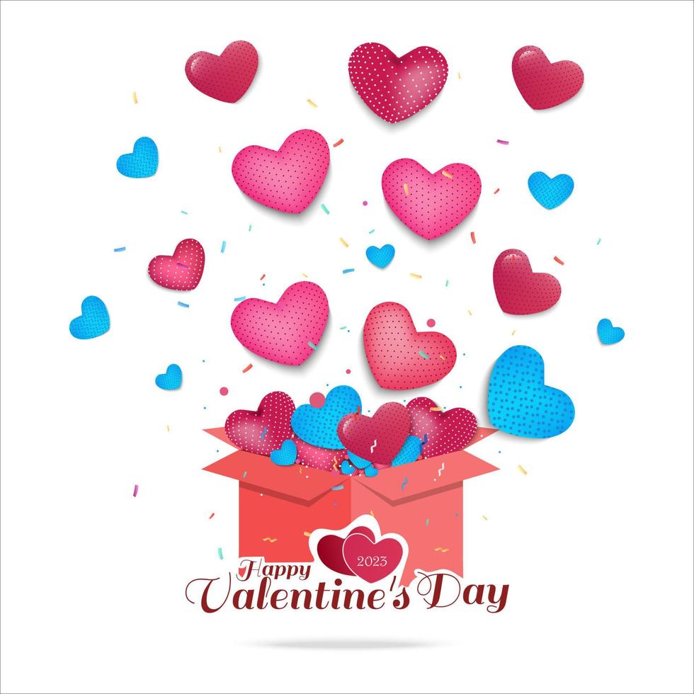 Happy Valentine's Day Concept with confetti and hearts flying out when gift box is opened. vector