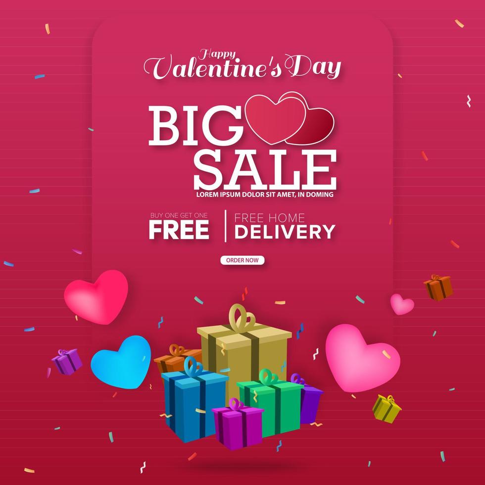 Happy Valentine's Day concept. Multicolored surprise gift box with falling confetti and hearts. Valentine's Day Big Sale Concept. Vector illustration