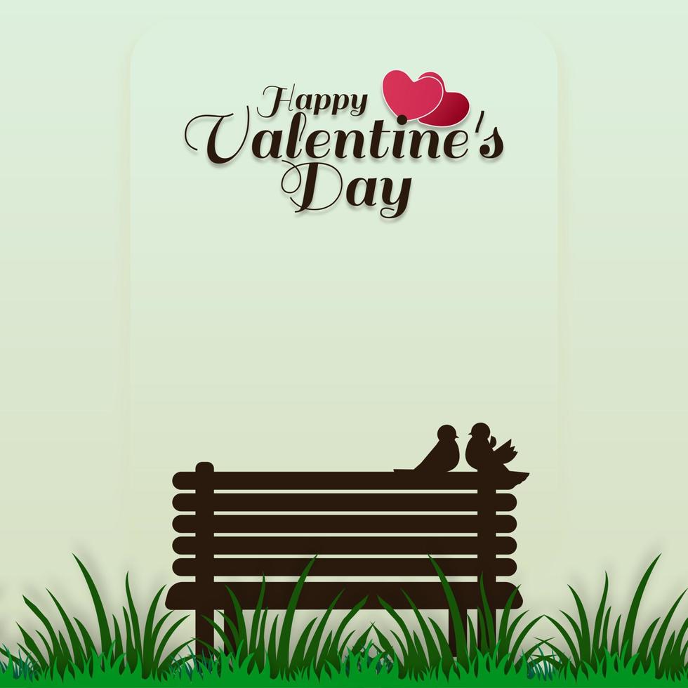 Valentine's Day concept. An empty bench on a green lawn in the park, two love birds in the upper right. vector