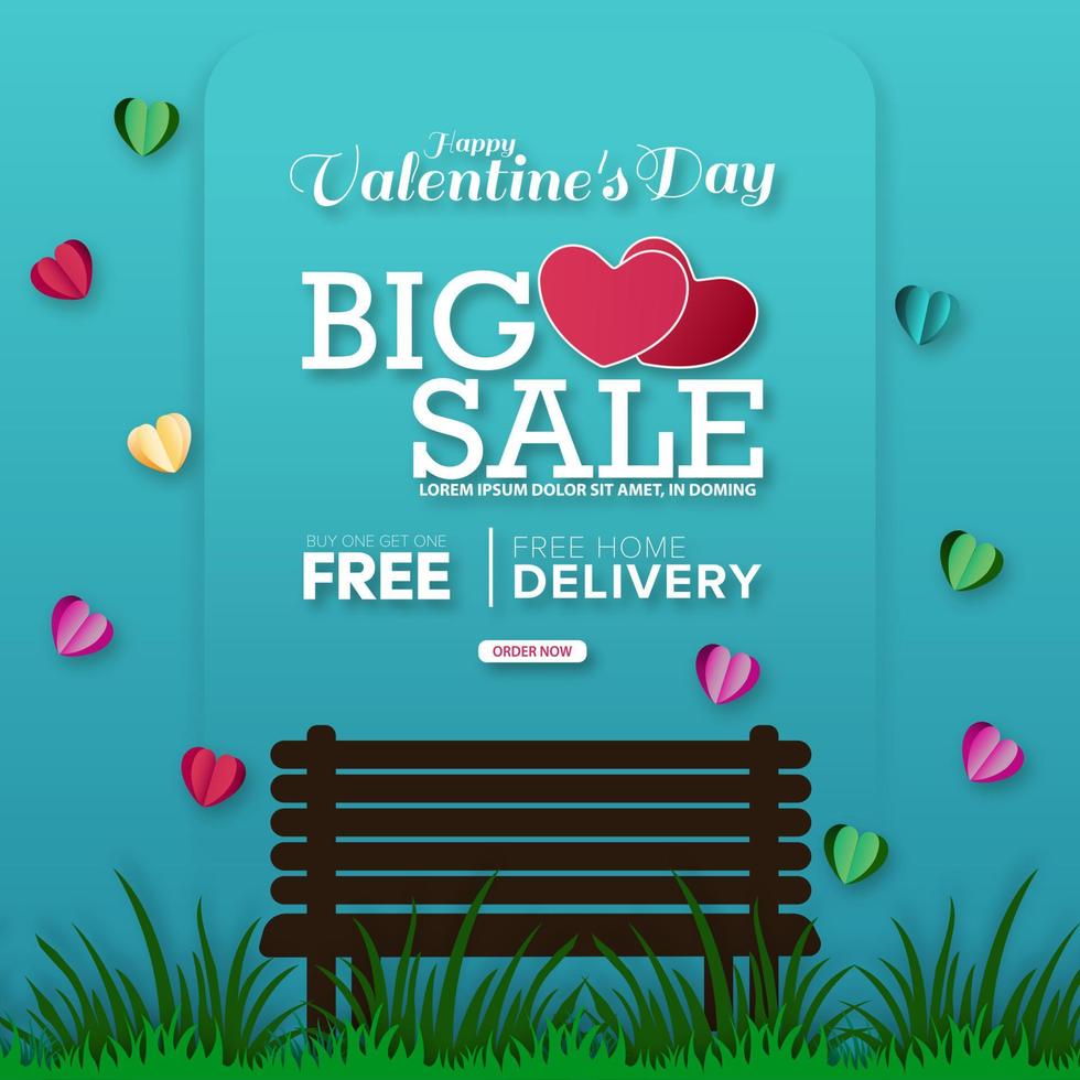 Happy Valentine's Day concept. Empty bench on a green lawn in the park, Valentine's Day Big Sale background. vector