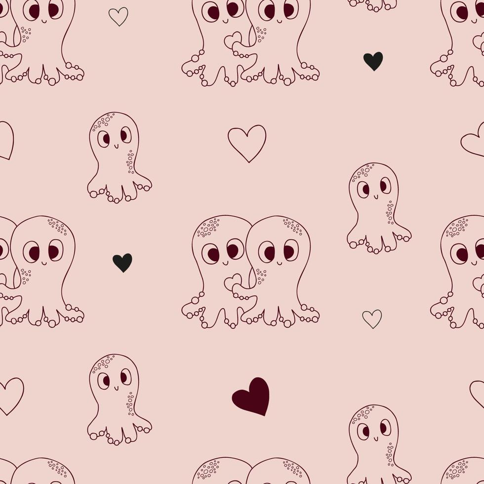 Romantic seamless pattern. Cute octopuses on light pink background with hearts. Vector illustration in doodle style. Endless background for valentines, wallpapers, packaging, print.