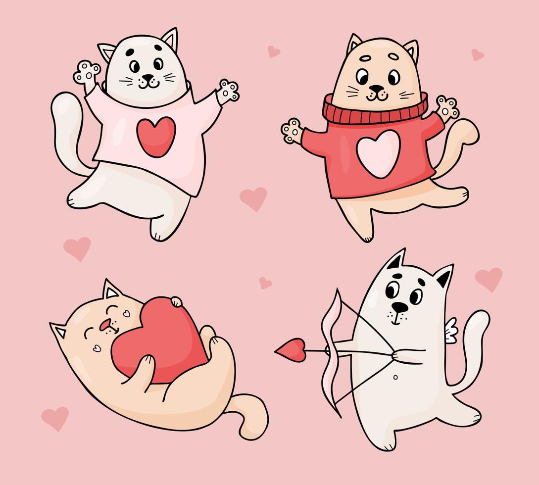 colección gatos enamorados. lindo gatito cupido con flecha y mascotas felices con corazón. ilustración vectorial animales románticos aislados para diseño, decoración, impresión, tarjetas, san valentín. vector