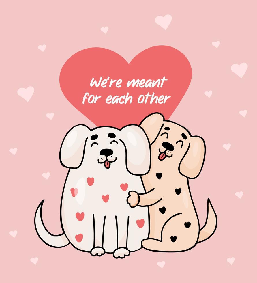 divertido par de perros abrazados con corazones. la tarjeta de san valentín con inscripción estaba destinada el uno al otro. ilustración vectorial lindos personajes románticos de animales. vector