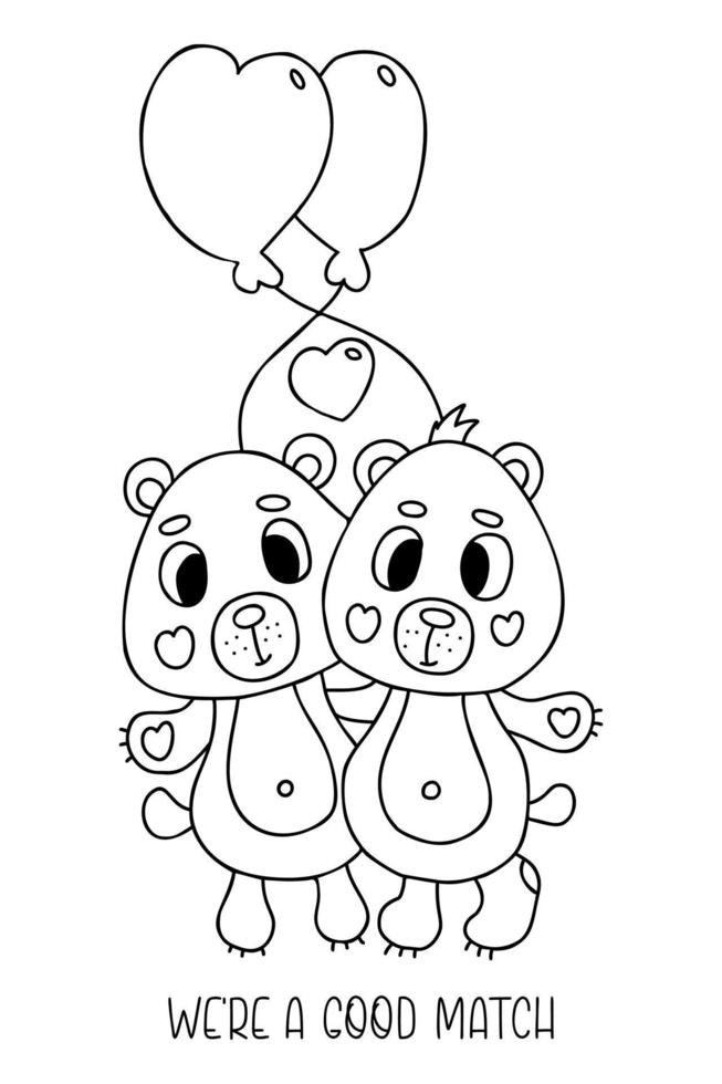 Cute pair of love teddy bears with balloons. Valentines card. Were a good match. Vector illustration. Outline drawing. For design, decor, cards, print, coloring page.