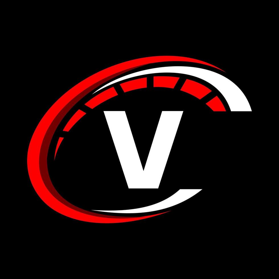 logotipo del coche deportivo en el concepto de velocidad de la letra v. plantilla de automoción de coche para servicio de coche, reparación de coche con icono de velocímetro vector
