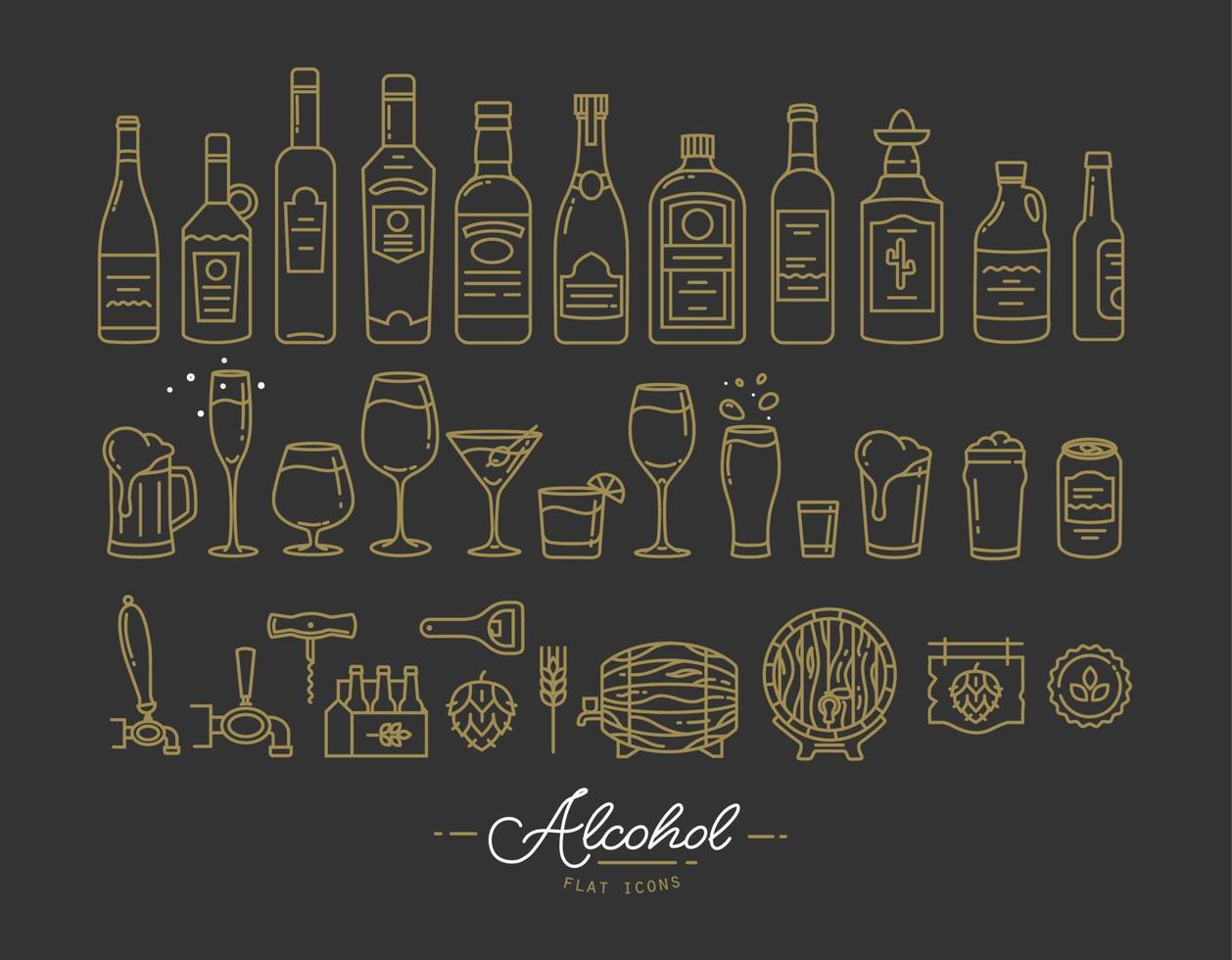 Set of alcohol icons in flat style drawing with gold lines on black background vector