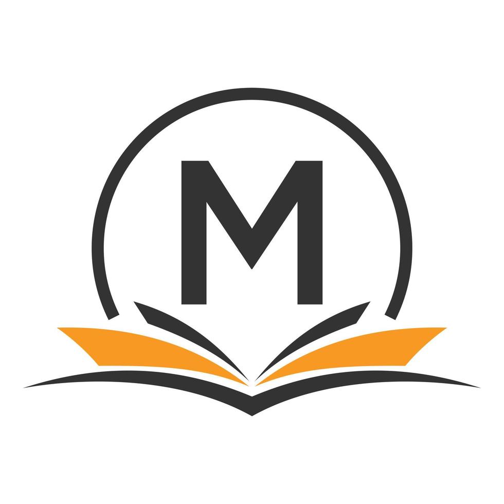 concepto de libro de logotipo de educación letra m. signo de carrera de