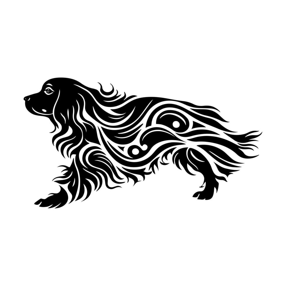 Running English Springer Spaniel dog. Ornamental illustration for logo, emblem, embroidery, wood burning, crafting. vector