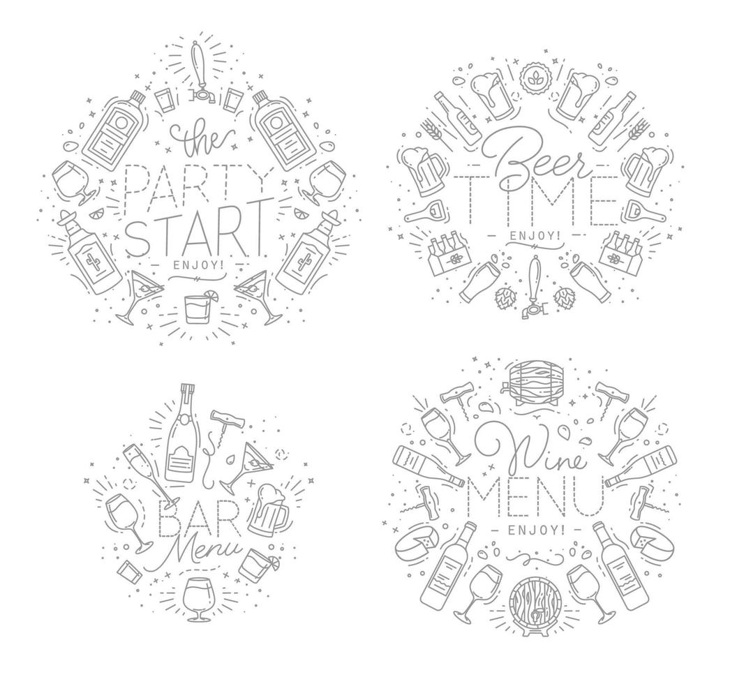 Set of alcohol monograms in flat style drawing with grey lines on white background vector