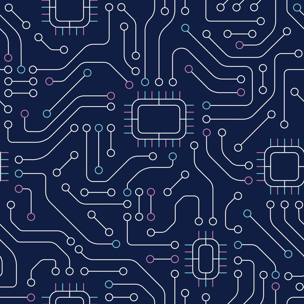 Technology electronic devices seamless pattern, circuit board background. AI and artificial intelligence training concept. Vector illustration