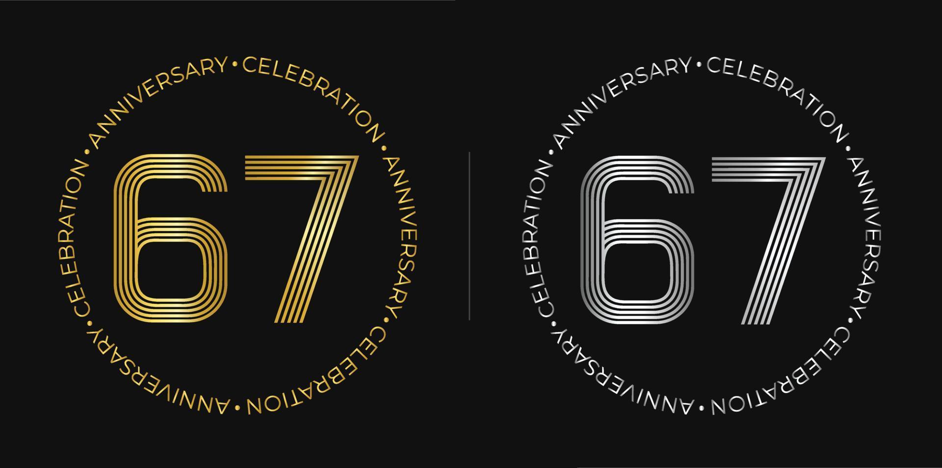 67 cumpleaños. Banner de celebración de aniversario de sesenta y siete años en colores dorado y plateado. logo circular con diseño de números originales en líneas elegantes. vector