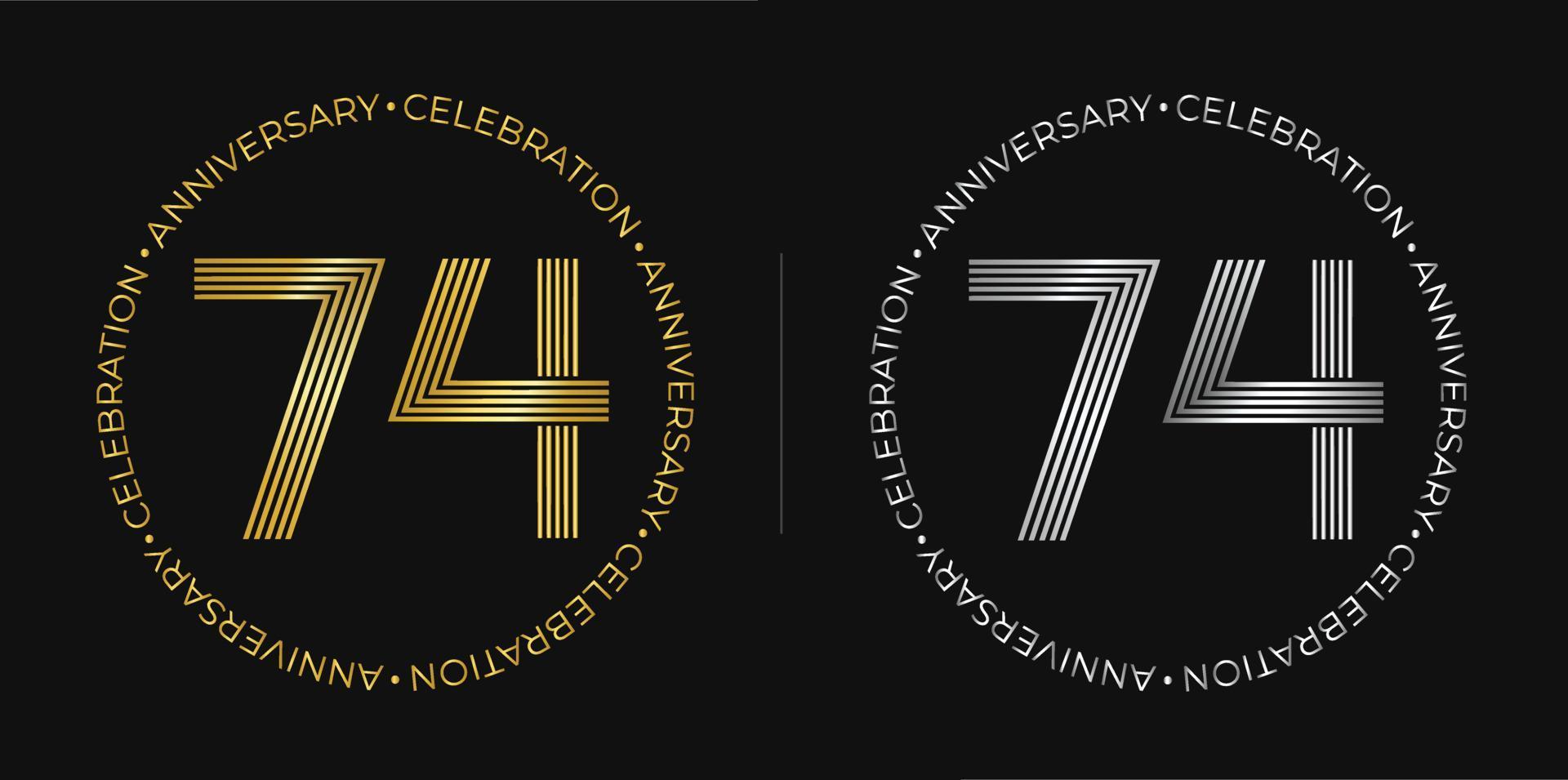 74th birthday. Seventy-four years anniversary celebration banner in golden and silver colors. Circular logo with original numbers design in elegant lines. vector