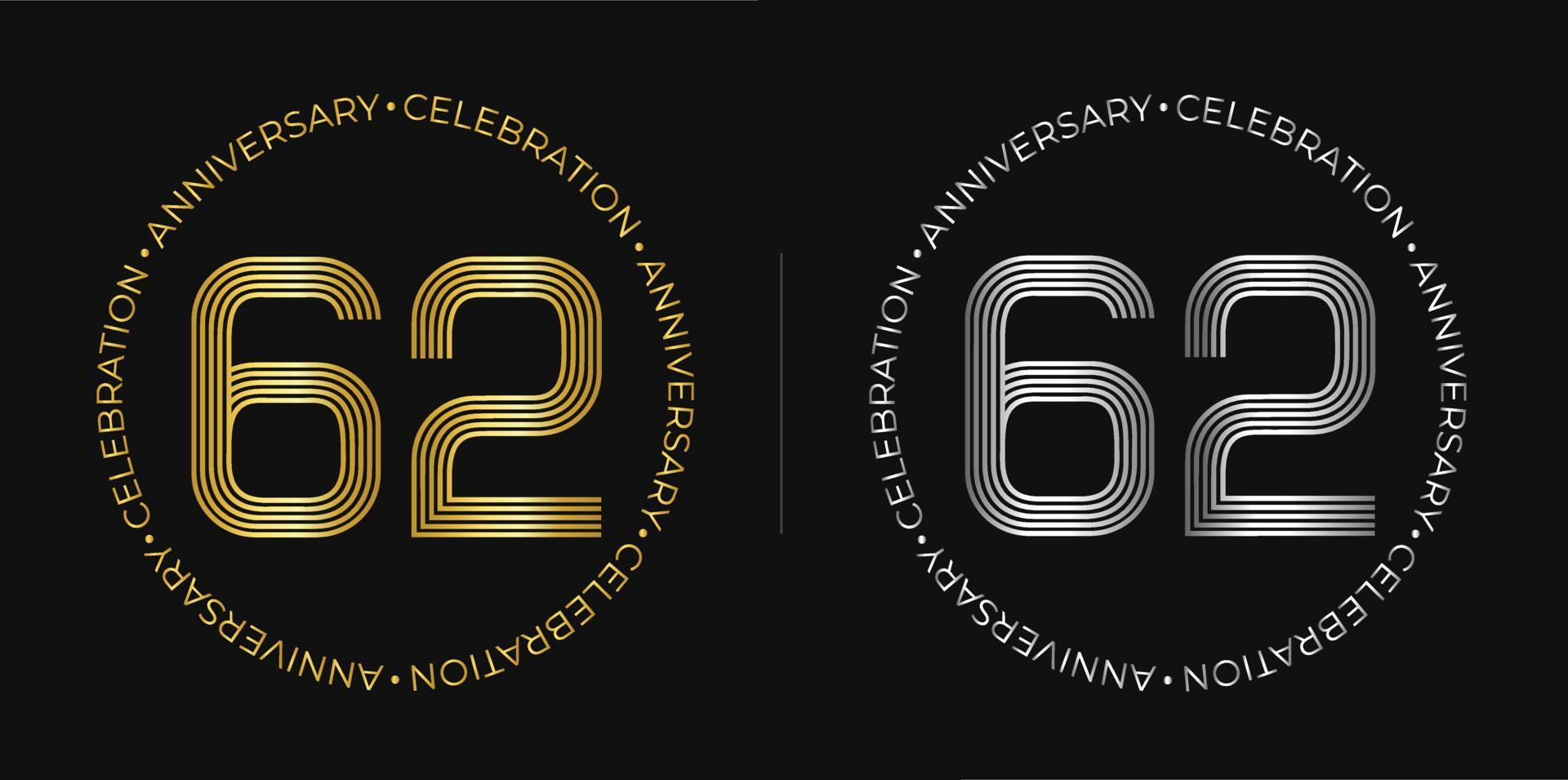 62th birthday. Sixty-two years anniversary celebration banner in golden and silver colors. Circular logo with original numbers design in elegant lines. vector