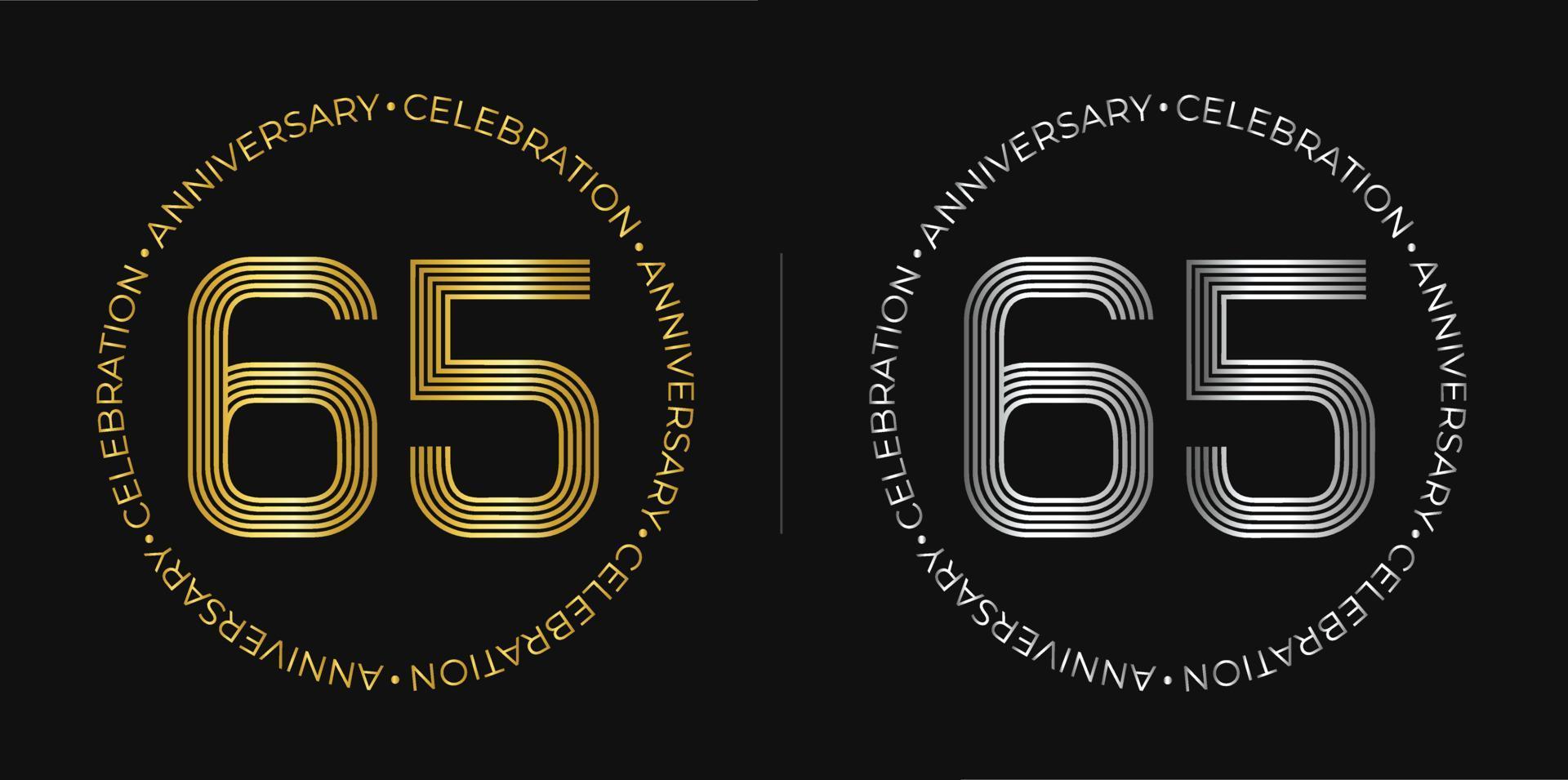 65 cumpleaños. Banner de celebración de aniversario de sesenta y cinco años en colores dorado y plateado. logo circular con diseño de números originales en líneas elegantes. vector