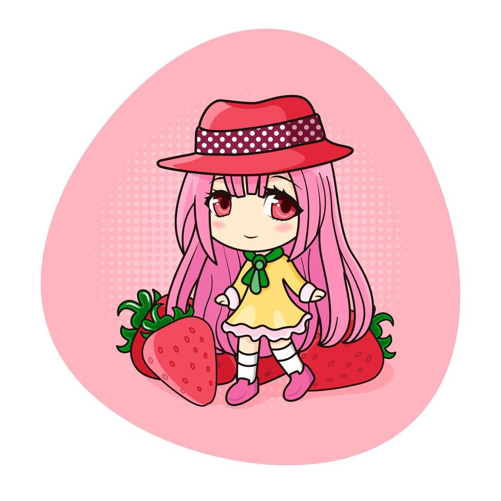 chica linda y kawaii con cabello rosado. felizmente manga chibi girl con fresas. ilustración vectorial todos los objetos están aislados. arte para grabados, portadas, carteles y cualquier uso. vector