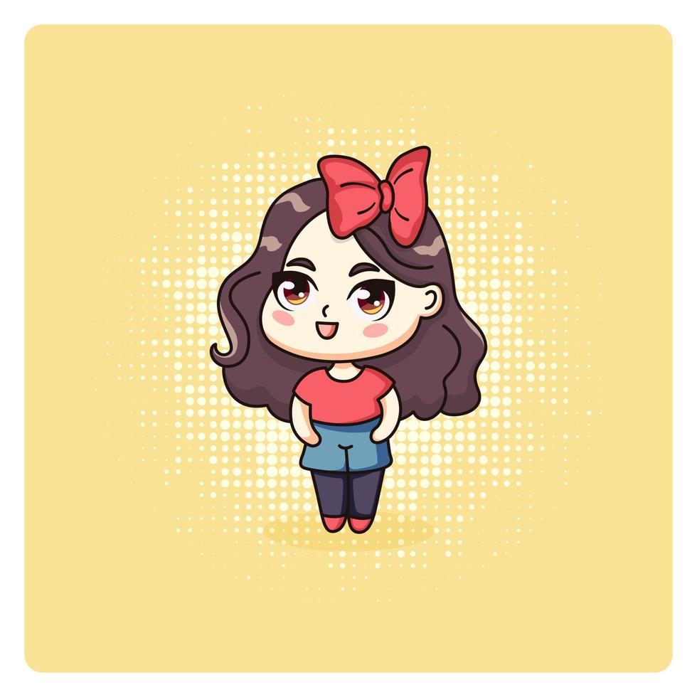Cute and kawaii chibi Girl. Chibi girl with bow in manga style. Pop art. Vector illustration.