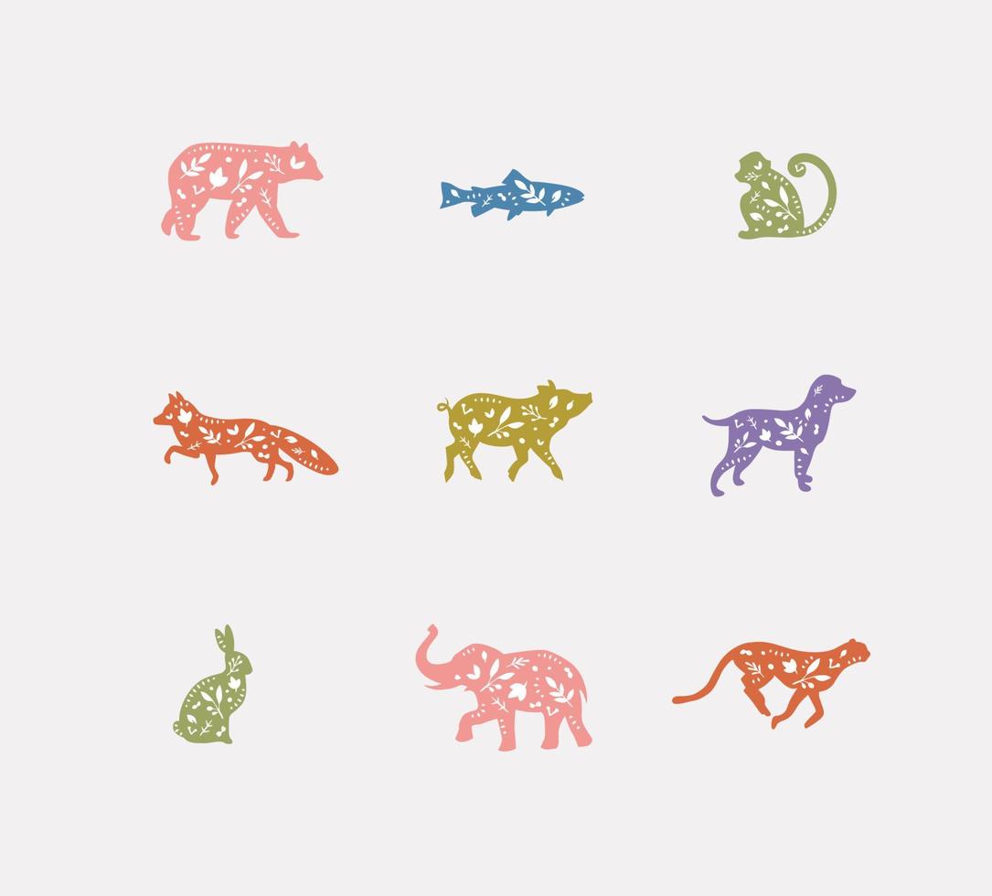 Set of animals floral graphic silhouettes bear, fish, monkey, fox, pig, dog, rabbit, elephant, cheetah drawing with color on dirty background vector