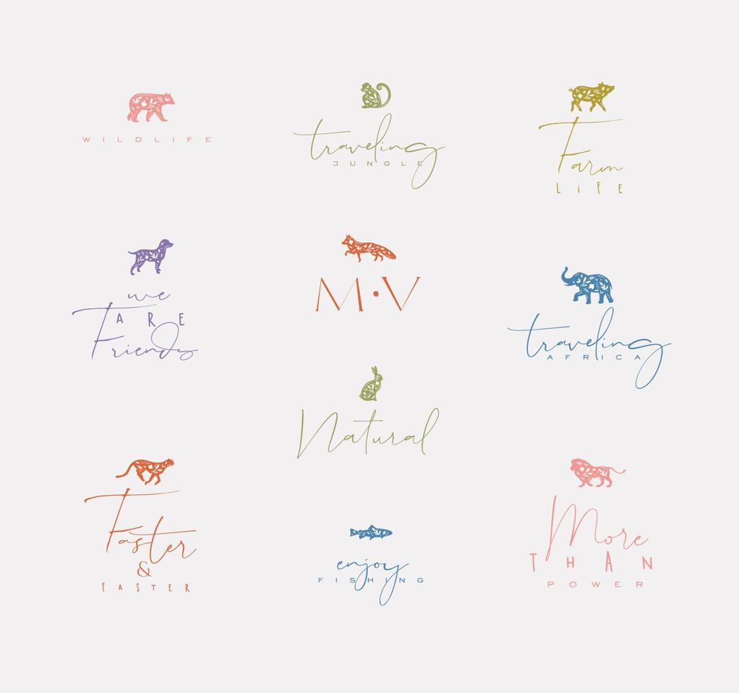 Set of animals mini floral graphic signs bear, fish, monkey, fox, pig, dog, rabbit, elephant, cheetah, lion with lettering drawing with color on dirty background vector
