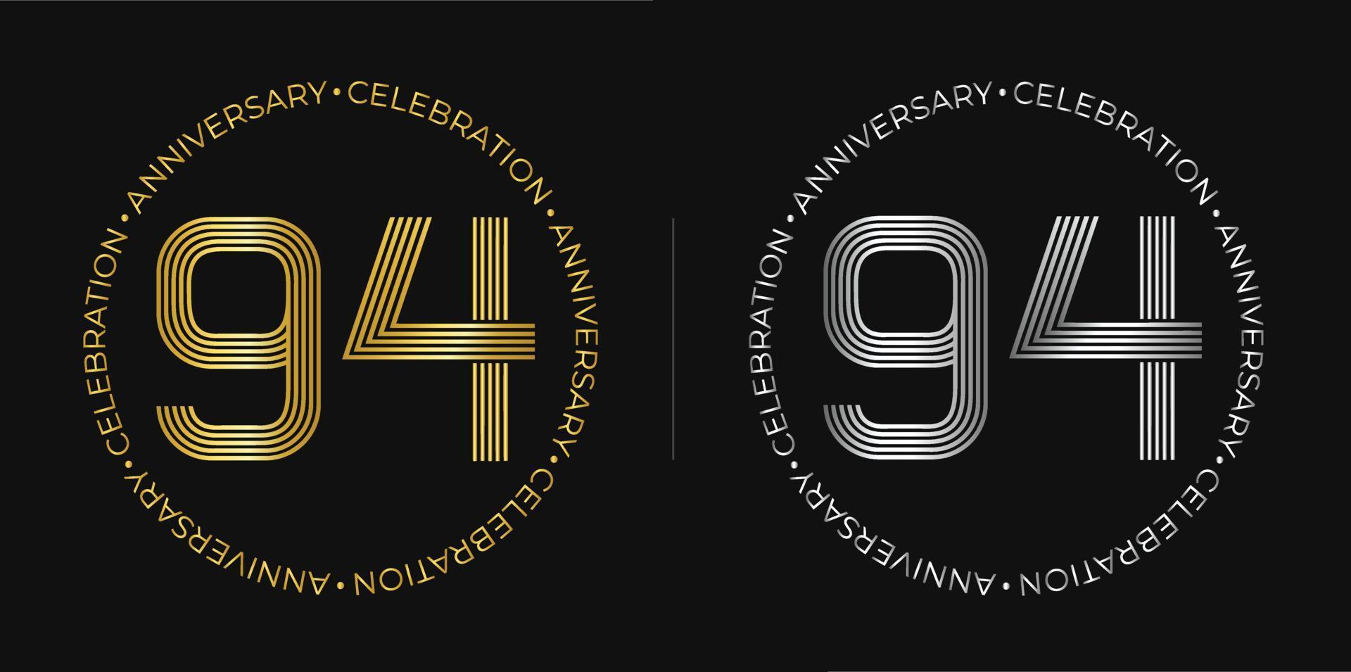 94th birthday. Ninety-four years anniversary celebration banner in golden and silver colors. Circular logo with original number design in elegant lines. vector