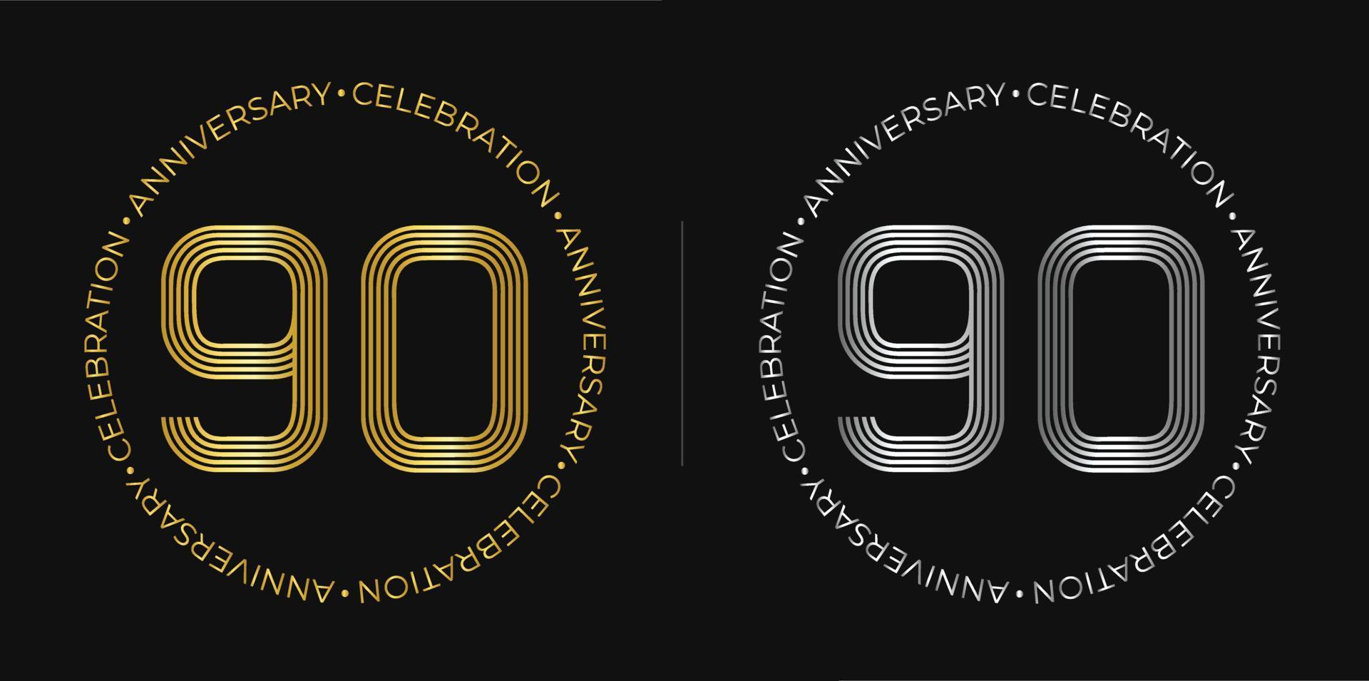 90th birthday. Ninety years anniversary celebration banner in golden and silver colors. Circular logo with original number design in elegant lines. vector