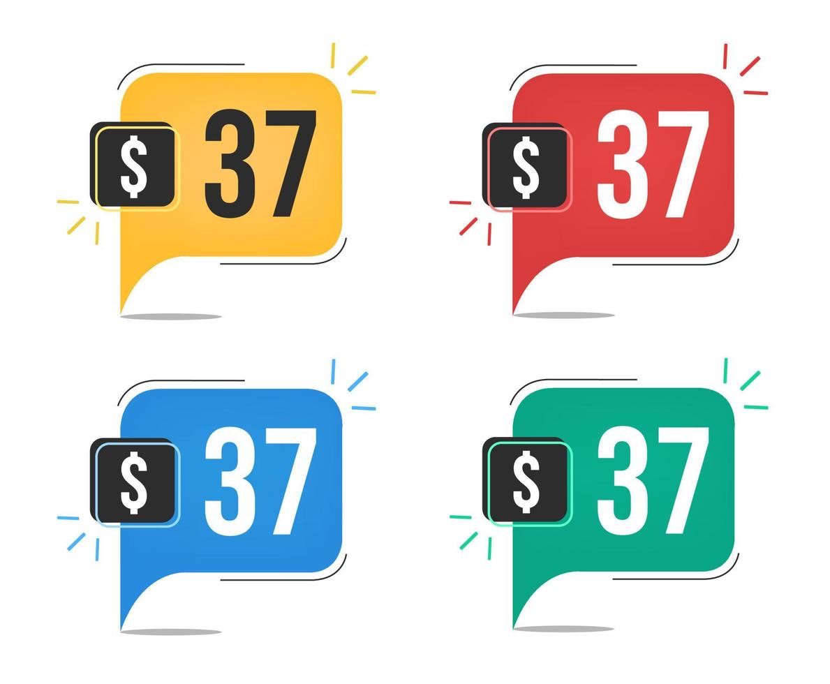 37 dollar price. Yellow, red, blue and green currency tags with speech balloon concept vector. vector