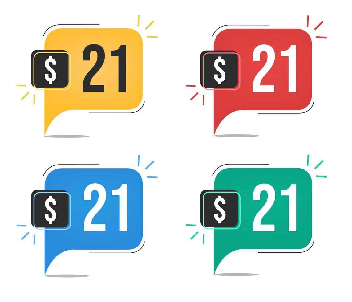 21 dollar price. Yellow, red, blue and green currency tags with balloon concept. vector