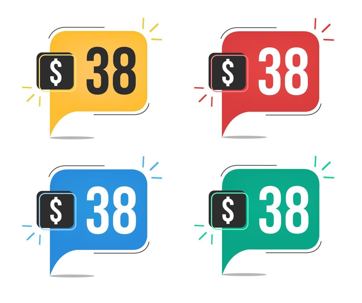 38 dollar price. Yellow, red, blue and green currency tags with speech balloon concept vector. vector
