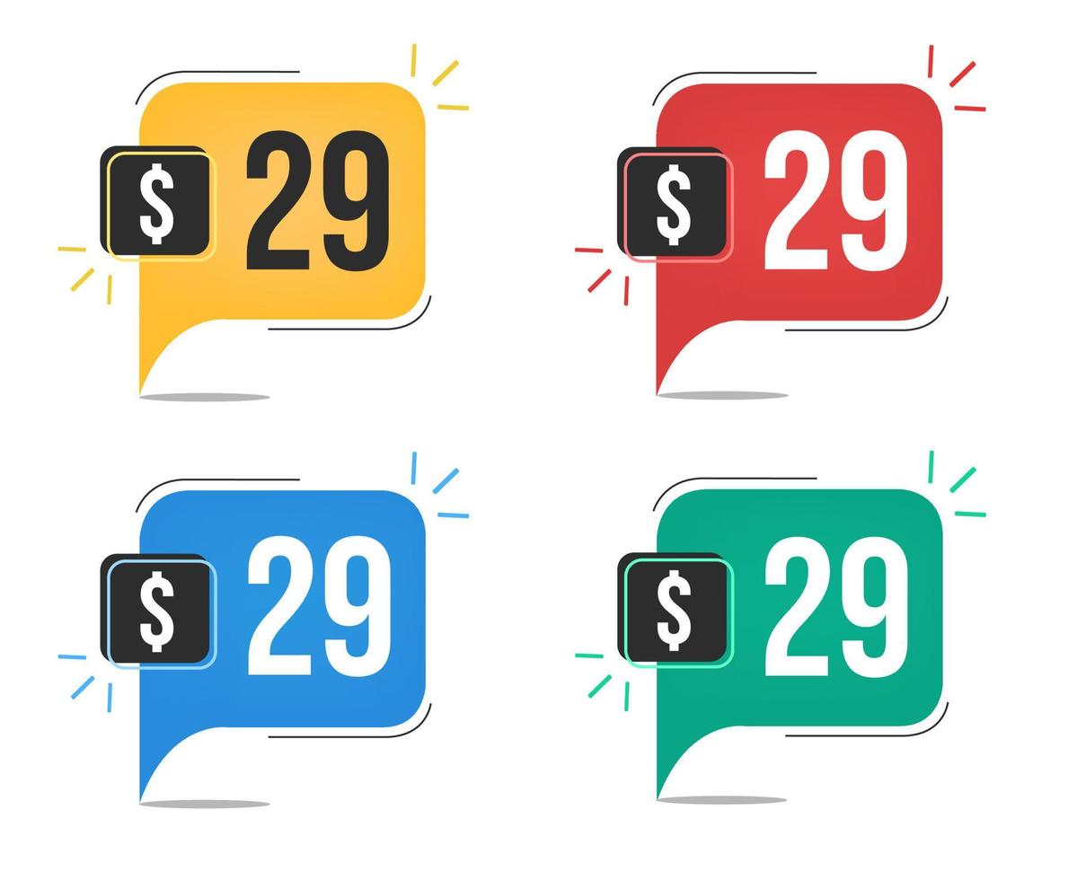 29 dollar price. Yellow, red, blue and green currency tags with balloon concept. vector