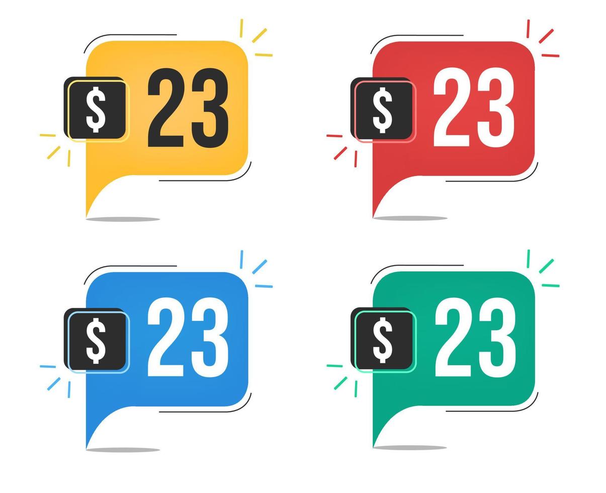 23 dollar price. Yellow, red, blue and green currency tags with balloon concept. vector