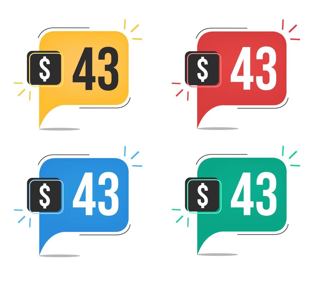 43 dollar price. Yellow, red, blue and green currency tags with speech balloon concept vector. vector