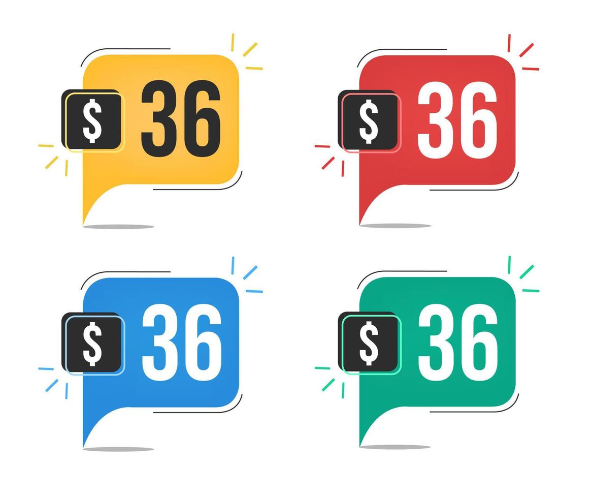 36 dollar price. Yellow, red, blue and green currency tags with speech balloon concept vector. vector