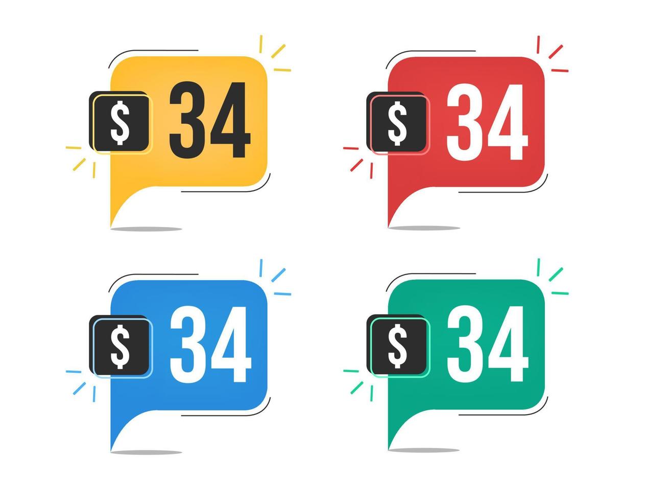 34 dollar price. Yellow, red, blue and green currency tags with speech balloon concept vector. vector