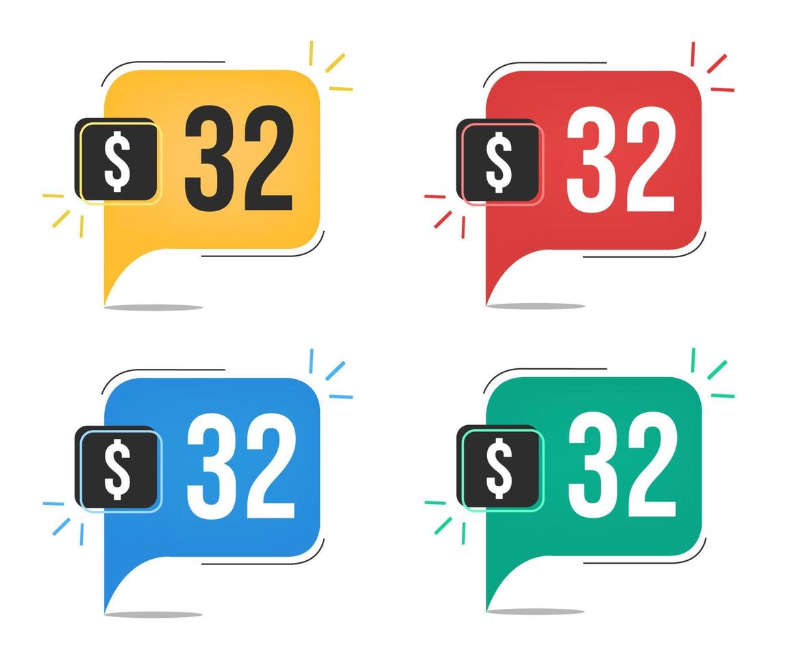 32 dollar price. Yellow, red, blue and green currency tags with balloon concept. vector