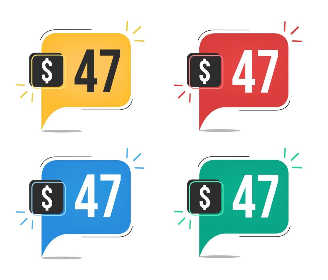 47 dollar price. Yellow, red, blue and green currency tags with speech balloon concept vector. vector