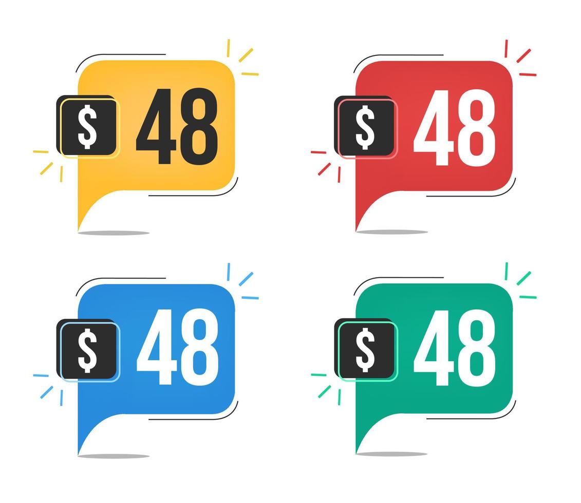 48 dollar price. Yellow, red, blue and green currency tags with speech balloon concept vector. vector