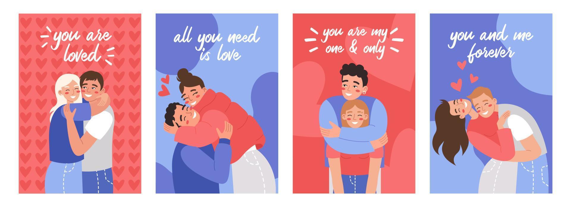 Set of Valentine's day greeting cards or posters. Couples hugging or cuddling. February 14 concept. vector