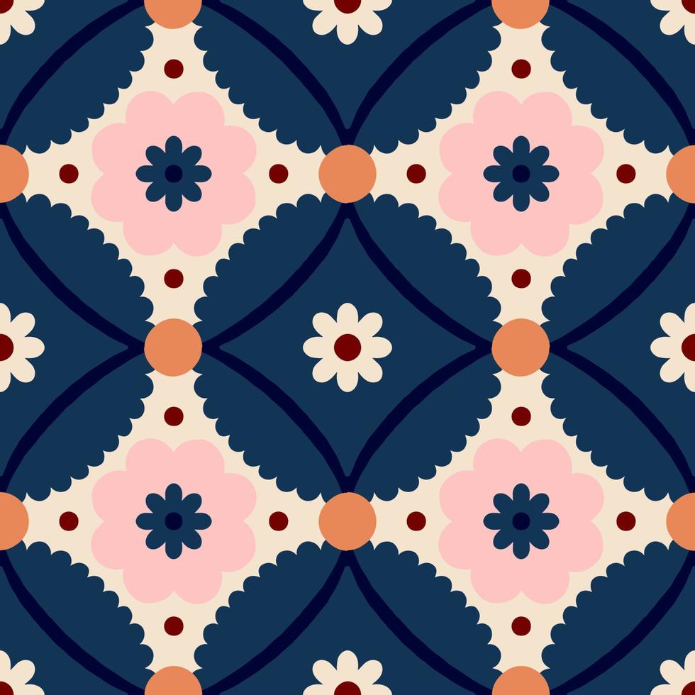 . Seamless pattern with geometrical flowers and shapes. Background in retro style vector