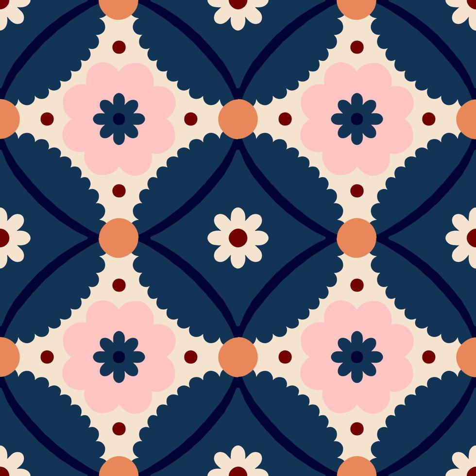 . Seamless pattern with geometrical flowers and shapes. Background in retro style vector