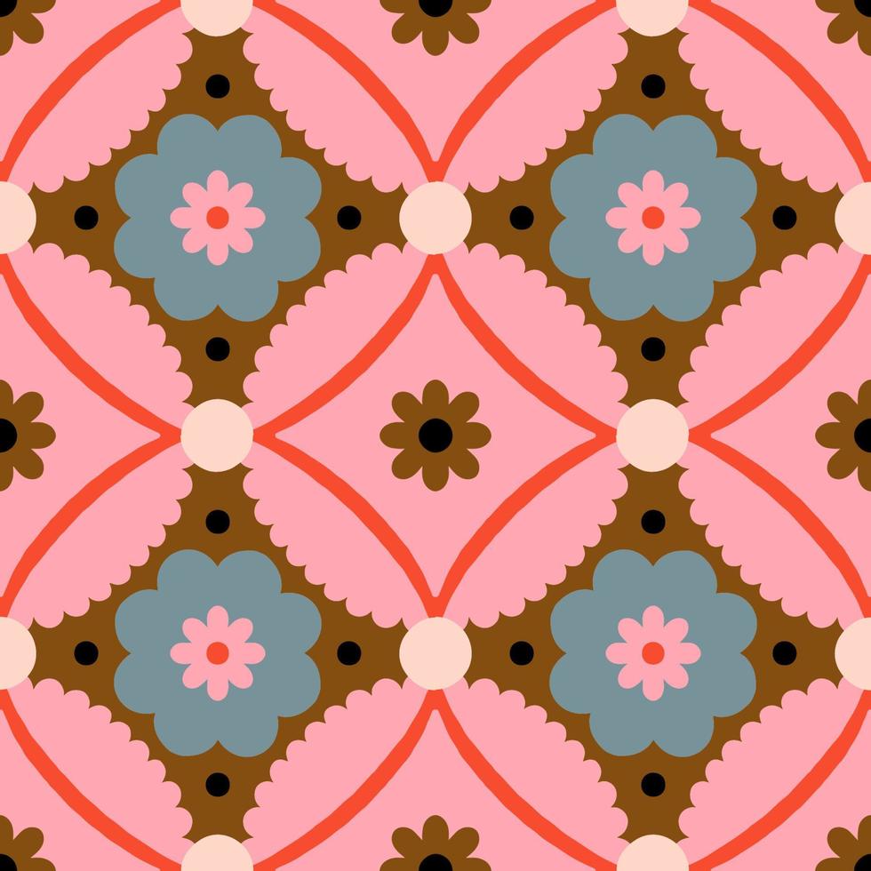 . Seamless pattern with geometrical flowers and shapes. Background in retro style vector