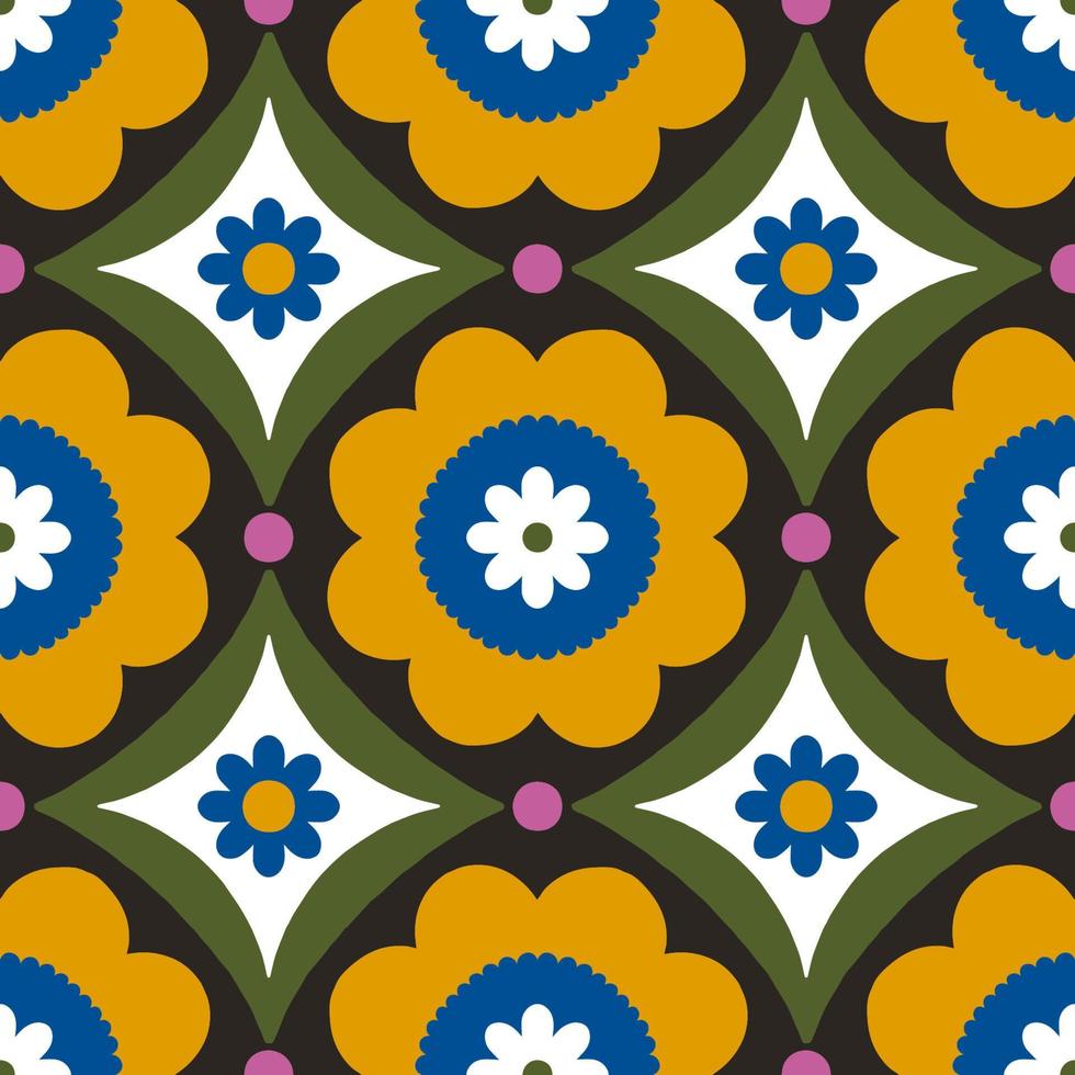 Beautiful abstract pattern with floral tiles. Vector seamless texture with symmetrical design. Background in retro bold style