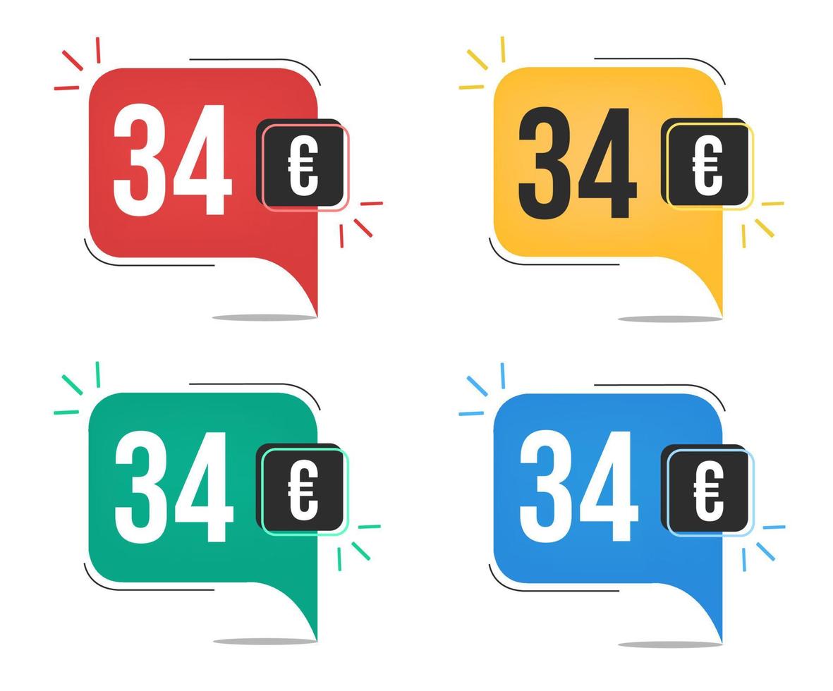 34 euro price. Yellow, red, blue and green currency tags with speech  balloon concept. vector