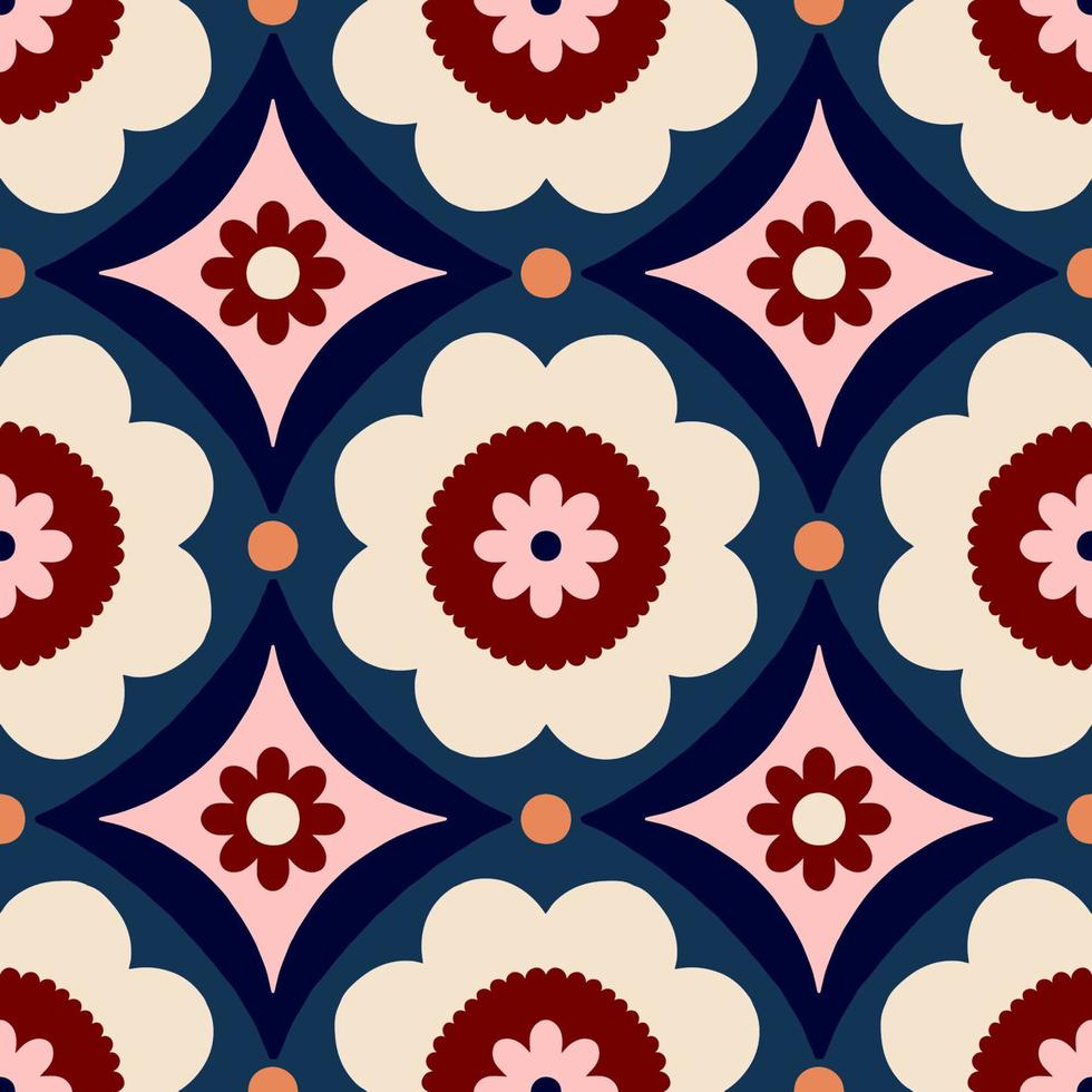 Beautiful abstract pattern with floral tiles. Vector seamless texture with symmetrical design. Background in retro bold style