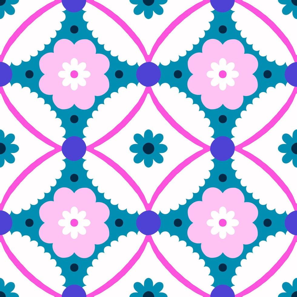 . Seamless pattern with geometrical flowers and shapes. Background in retro style vector