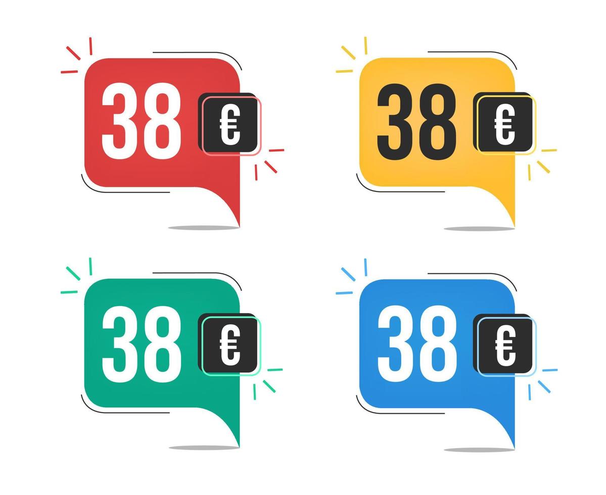 38 euro price. Yellow, red, blue and green currency tags with speech  balloon concept. vector