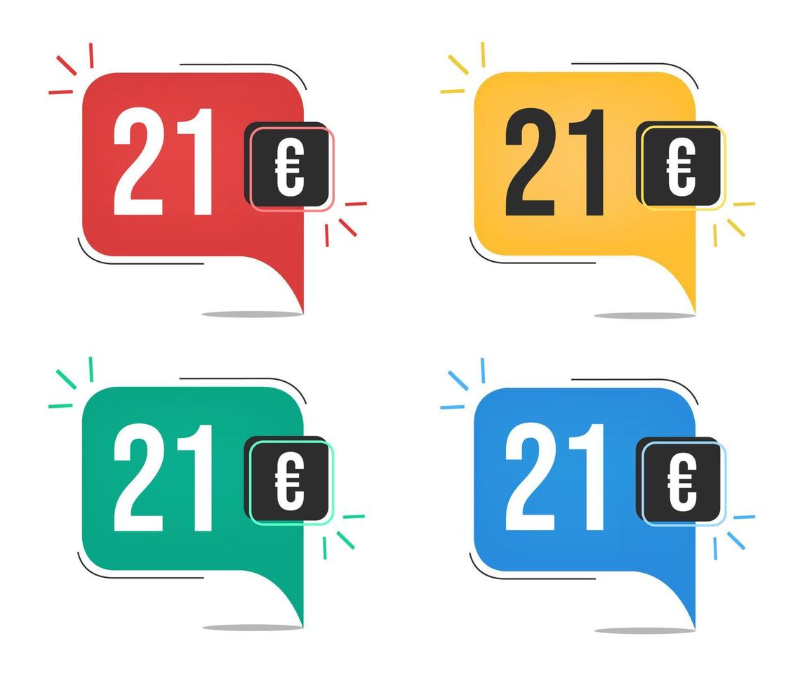 21 euro price. Yellow, red, blue and green currency tags with balloon concept. vector