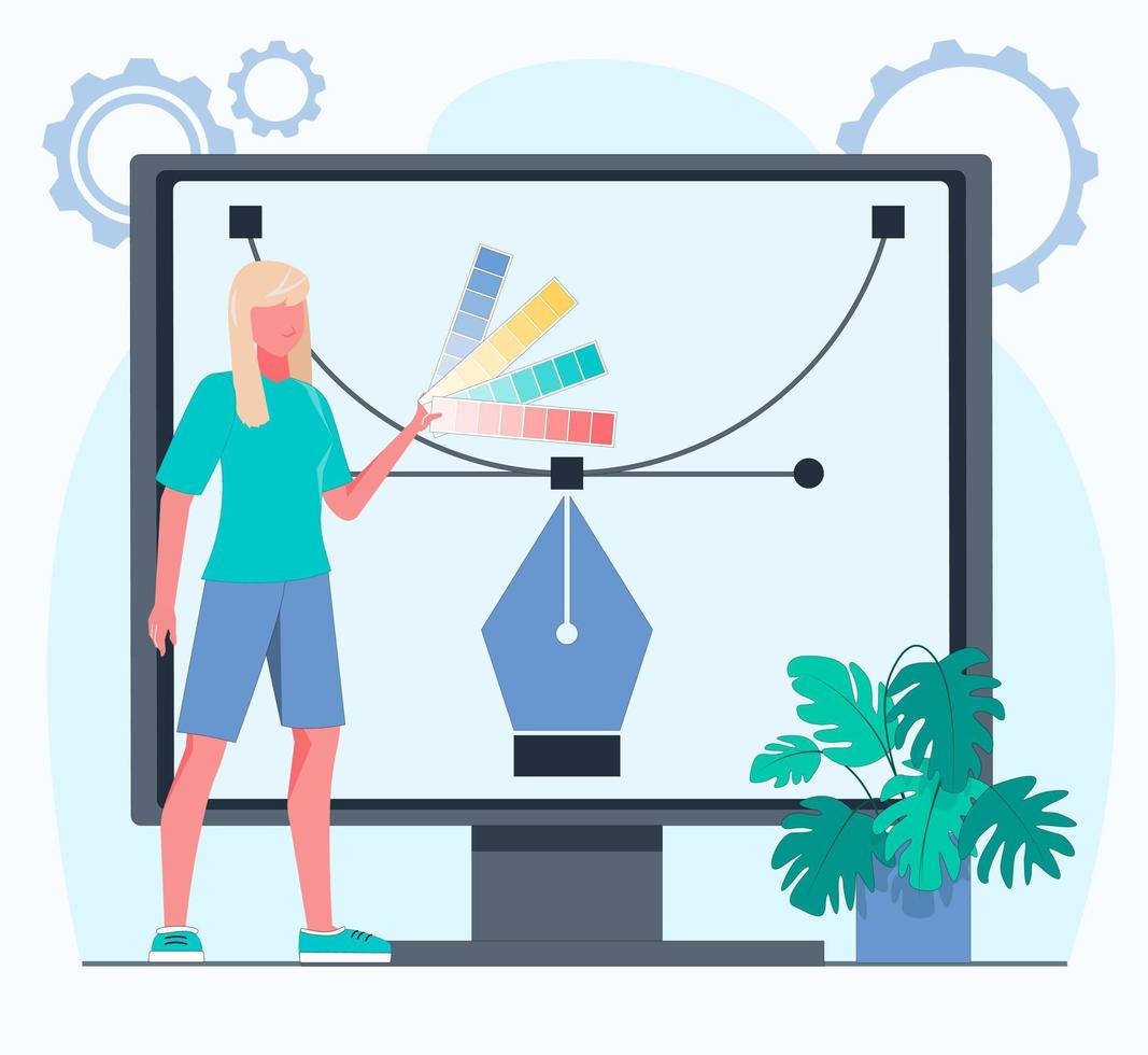 A girl holding a palette of colors in a design studio vector