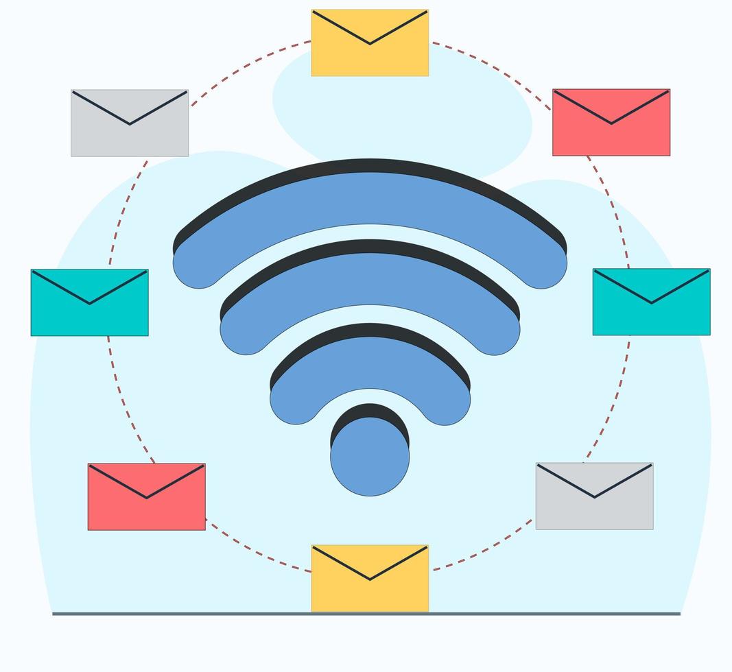 wifi synchronizes email letter exchanges to an electronic messaging service emailservice vector flat illustration