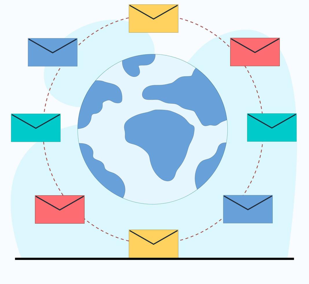 synchronization of email exchanges to emailservice messaging service in the center of planet earth vector flat illustration