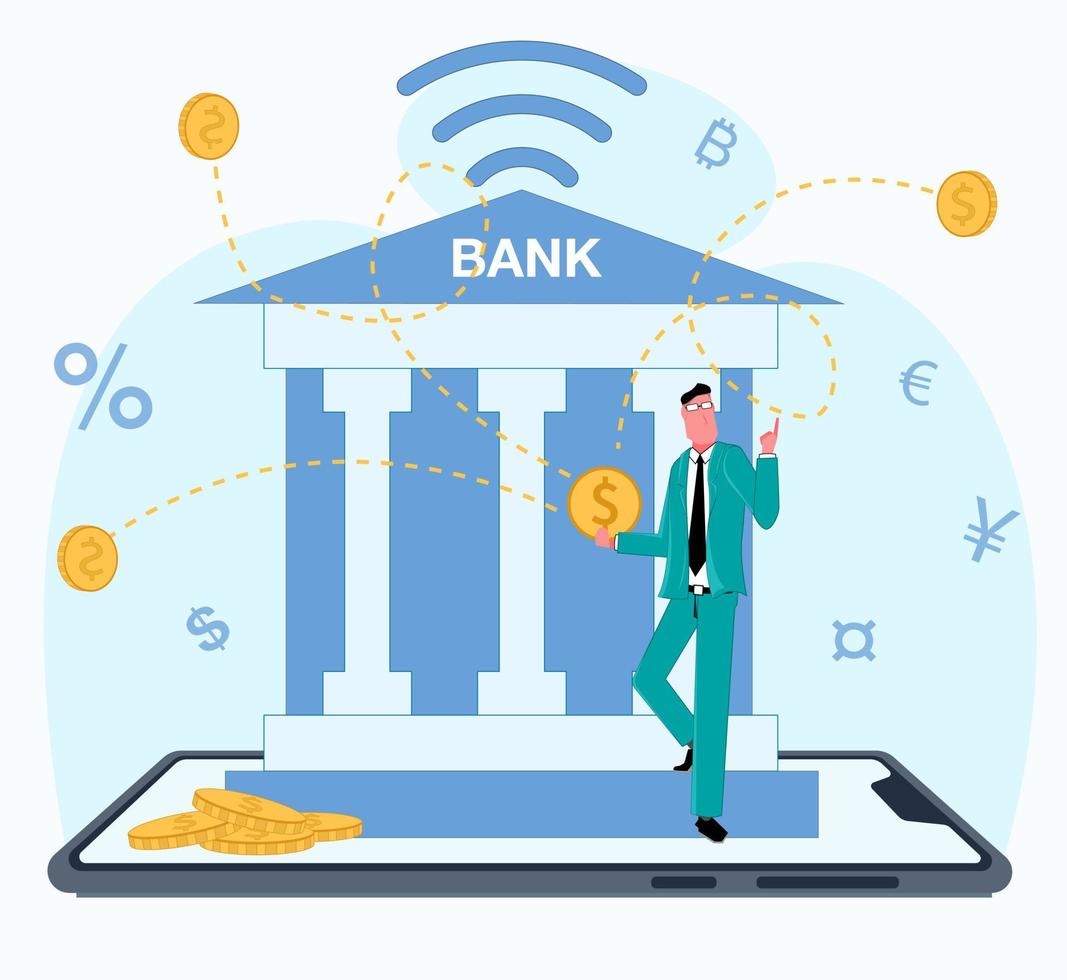 a bank is standing on a smartphone man comes out of it he uses a mobile application on his phone there is money around gold flies currency of coins conducts a transaction payment vector